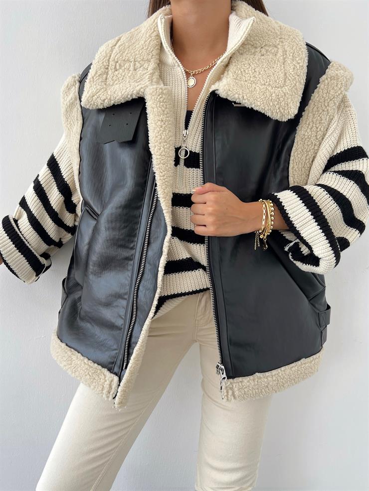 Fermuar Kapamalı İçi Yün Peluş Noris Kadın Siyah Vegan Deri Yelek 23Y000636