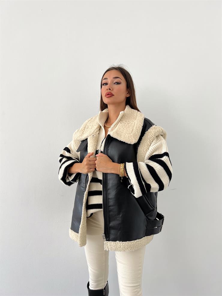 Fermuar Kapamalı İçi Yün Peluş Noris Kadın Siyah Vegan Deri Yelek 23Y000636