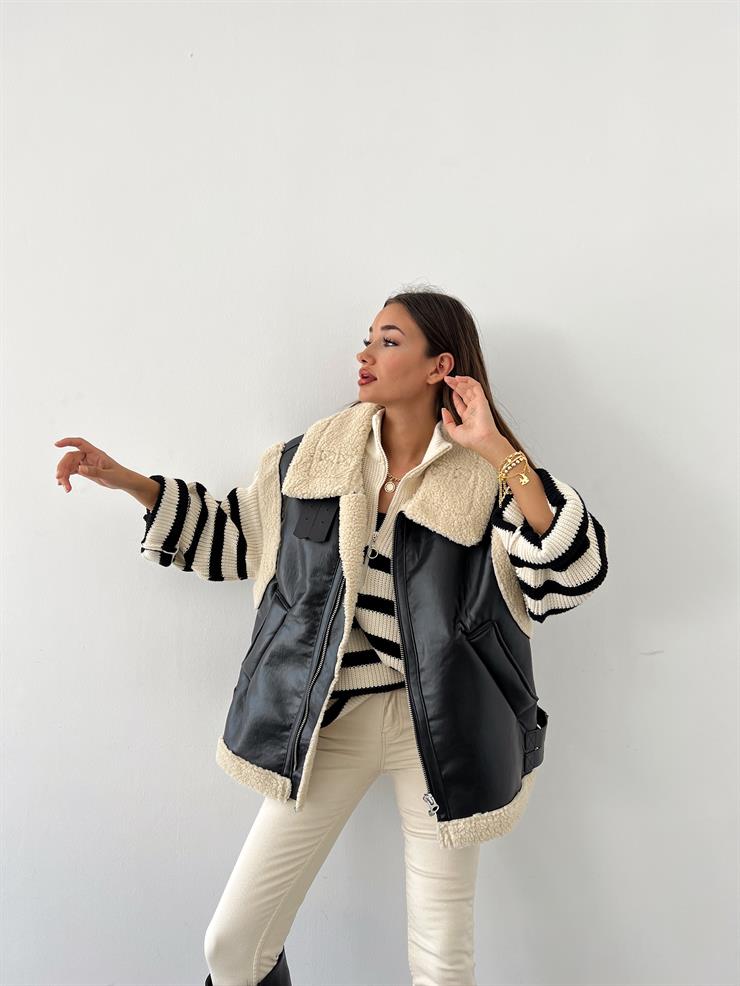 Fermuar Kapamalı İçi Yün Peluş Noris Kadın Siyah Vegan Deri Yelek 23Y000636