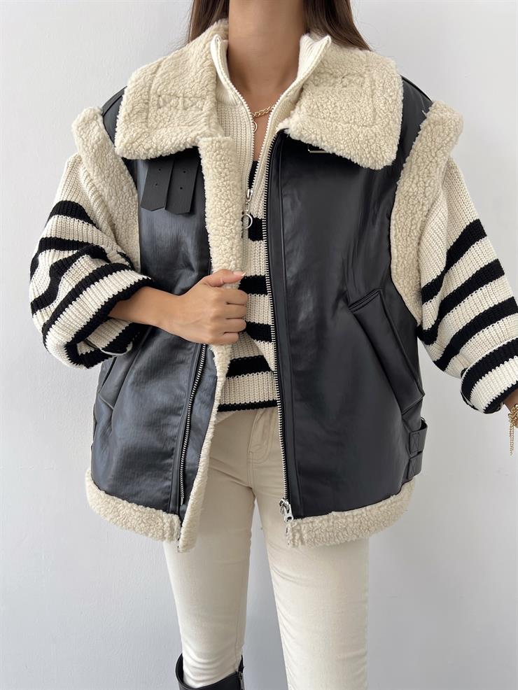 Fermuar Kapamalı İçi Yün Peluş Noris Kadın Siyah Vegan Deri Yelek 23Y000636