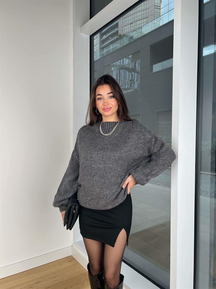 Geniş Norlan Antrasit Kadın Triko Kazak 25K357