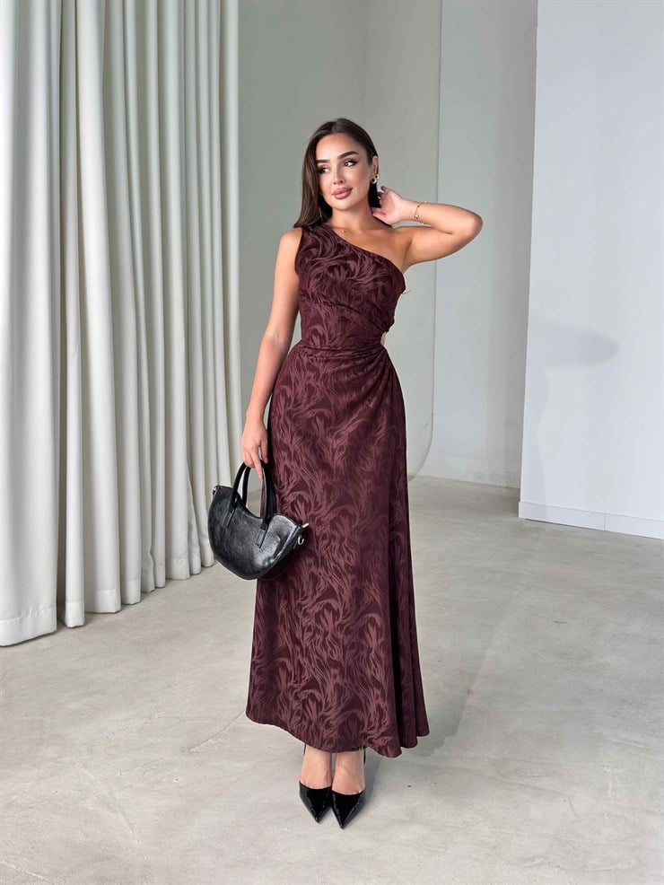 Tek Omuz Pencere Detaylı Maxi Bordo Norma Kadın Elbise 26Y485