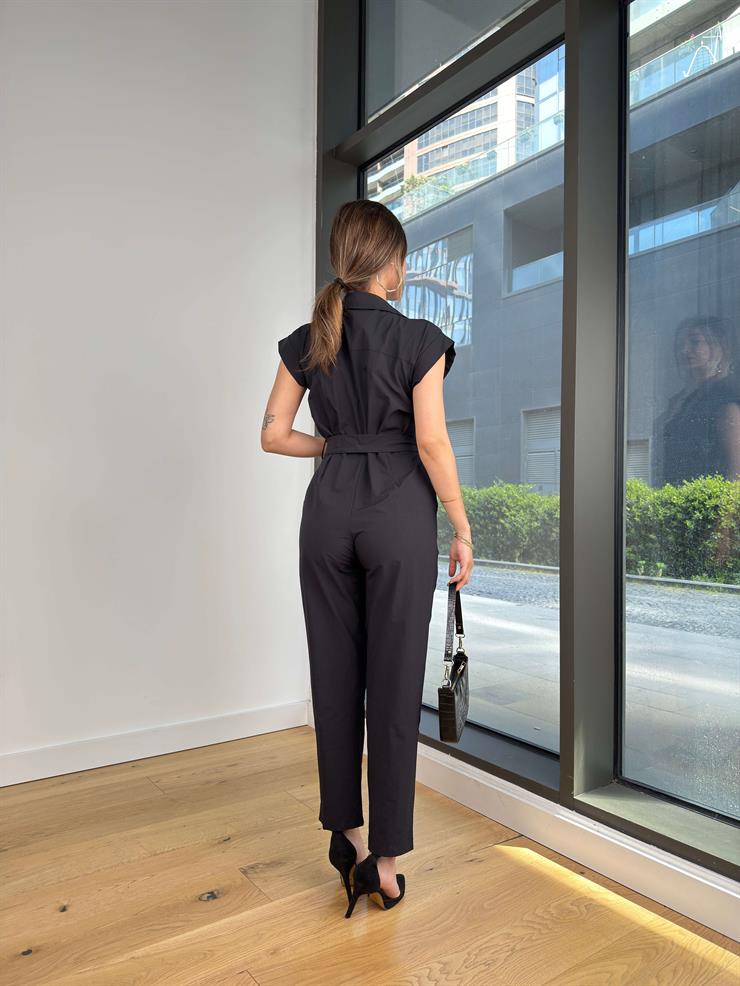 Önü Feramuarlı Beli Kemerli Nörven Siyah Kadın Tulum 25Y296