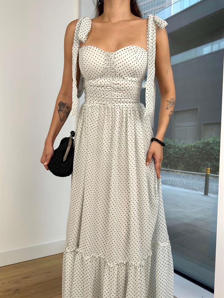 Askısı Bağlama Görünümlü Kalp Yaka Önü Drapeli Noslen Kadın Puantiyeli Beyaz Elbise 24Y788