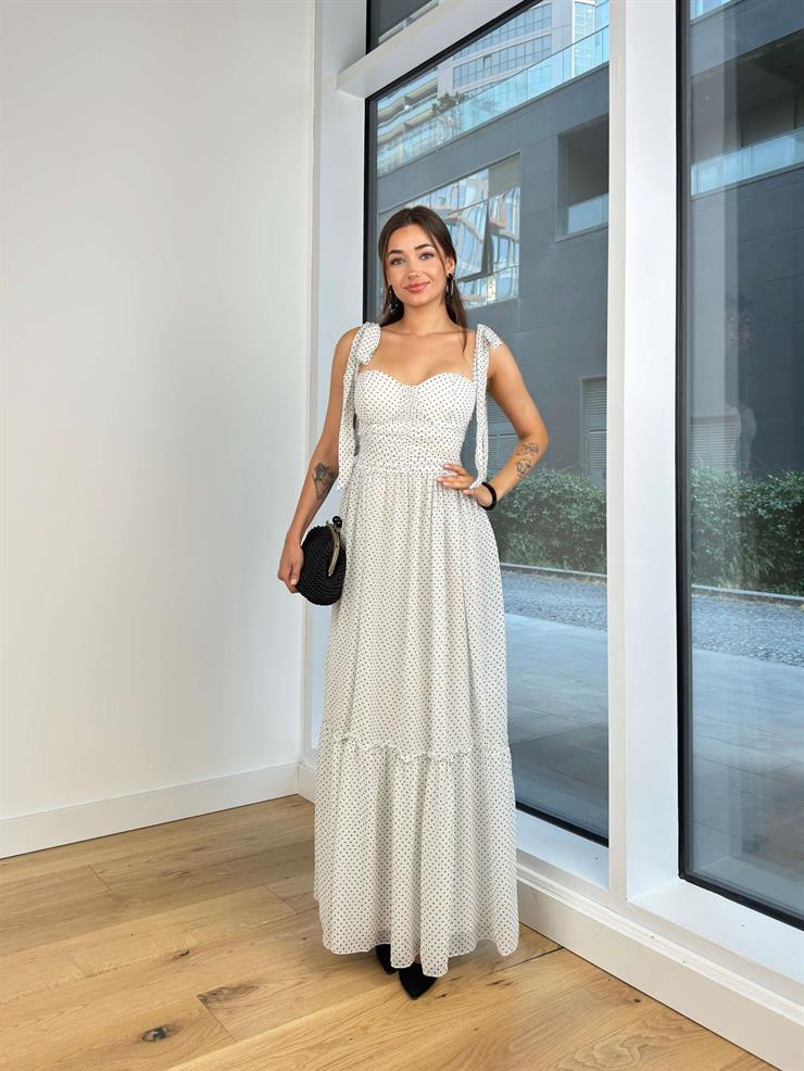 Askısı Bağlama Görünümlü Kalp Yaka Önü Drapeli Noslen Kadın Puantiyeli Beyaz Elbise 24Y788