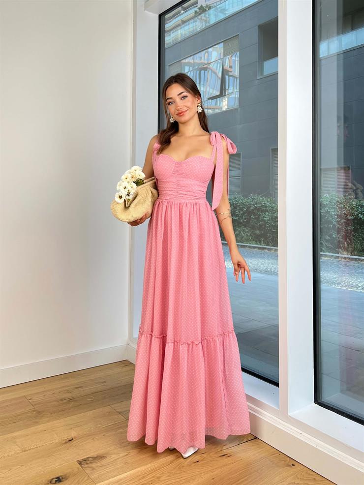 Askısı Bağlama Görünümlü Kalp Yaka Önü Drapeli Noslen Kadın Puantiyeli Pembe Elbise 24Y788