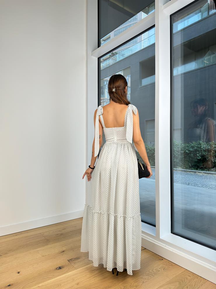 Askısı Bağlama Görünümlü Kalp Yaka Önü Drapeli Noslen Kadın Puantiyeli Beyaz Elbise 24Y788