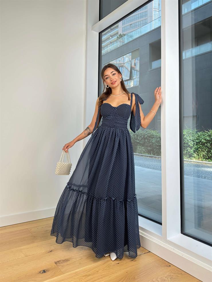 Askısı Bağlama Görünümlü Kalp Yaka Önü Drapeli Noslen Kadın Puantiyeli Lacivert Elbise 24Y788