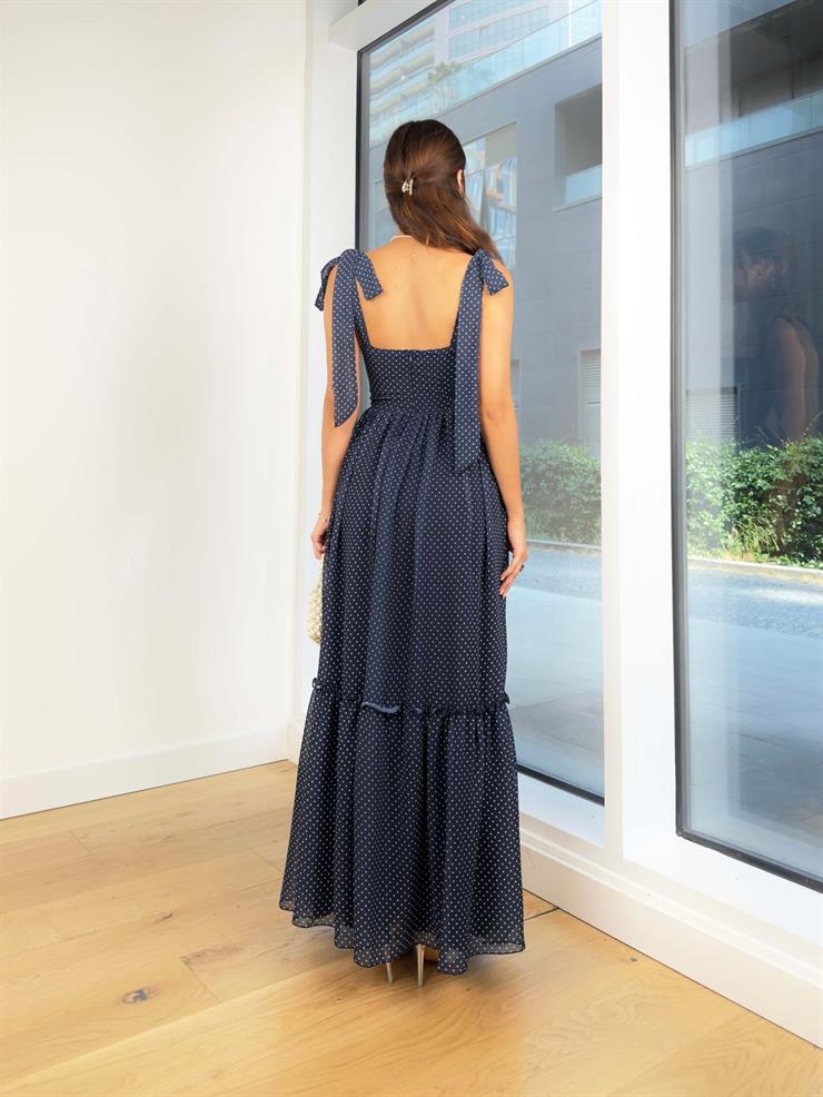 Askısı Bağlama Görünümlü Kalp Yaka Önü Drapeli Noslen Kadın Puantiyeli Lacivert Elbise 24Y788