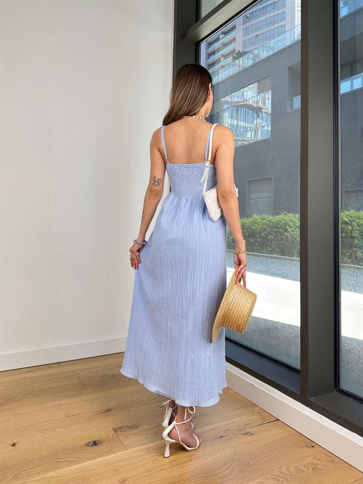 Askılı Önü Düğmeli Arkası Gipeli Notisle Mavi Kadın Elbise 25Y300