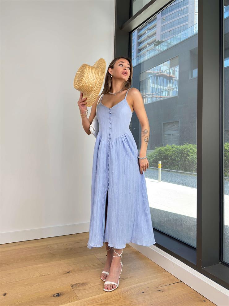 Askılı Önü Düğmeli Arkası Gipeli Notisle Mavi Kadın Elbise 25Y300