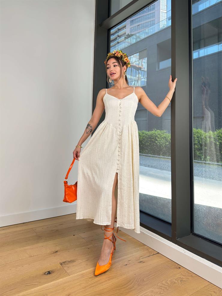 Askılı Önü Düğmeli Arkası Gipeli Notisle Taş Kadın Elbise 25Y300