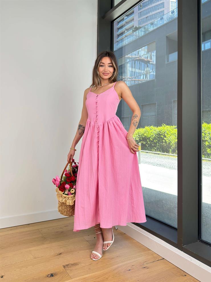 Askılı Önü Düğmeli Arkası Gipeli Notisle Pembe Kadın Elbise 25Y300