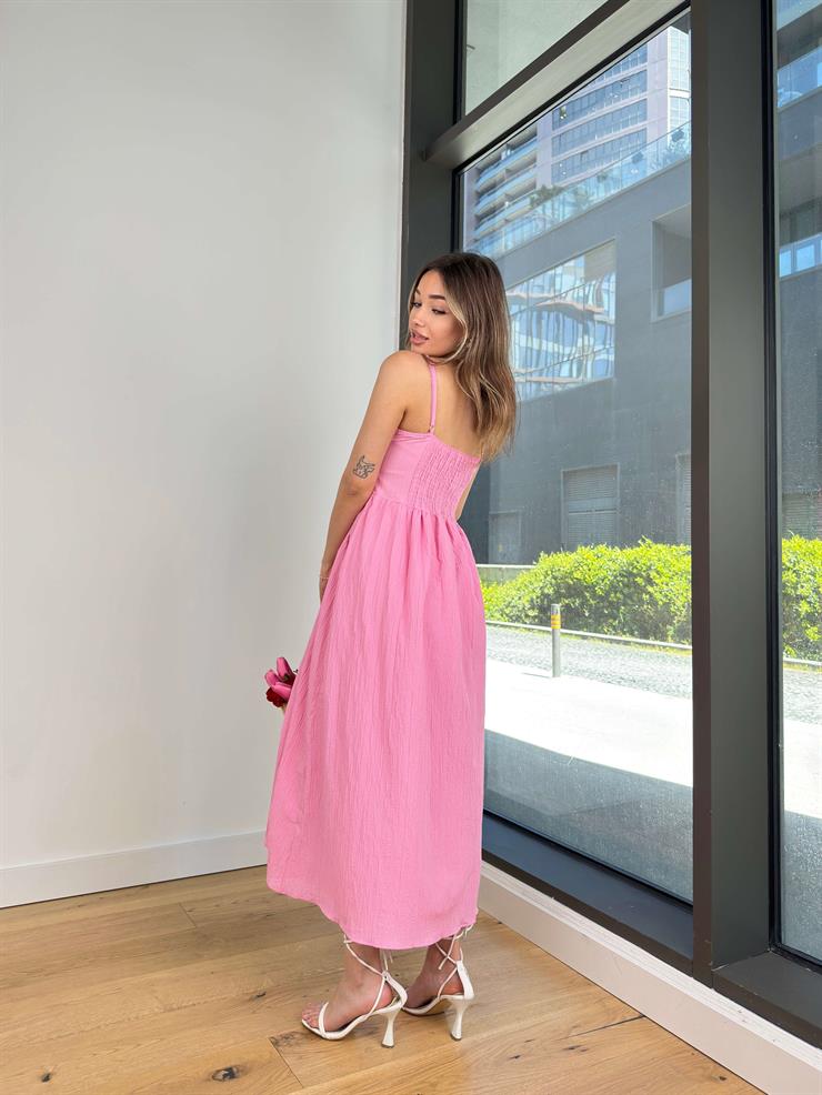 Askılı Önü Düğmeli Arkası Gipeli Notisle Pembe Kadın Elbise 25Y300