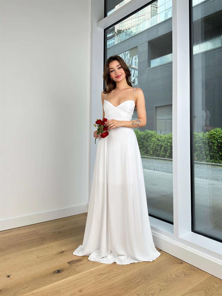 İnce Askılı Belden Oturtmalı Nova Kadın Beyaz Maxi Elbise 24Y402