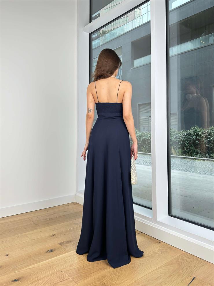 İnce Askılı Belden Oturtmalı Nova Kadın Lacivert Maxi Elbise 24Y402