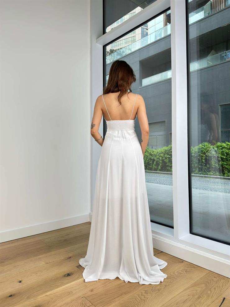 İnce Askılı Belden Oturtmalı Nova Kadın Beyaz Maxi Elbise 24Y402