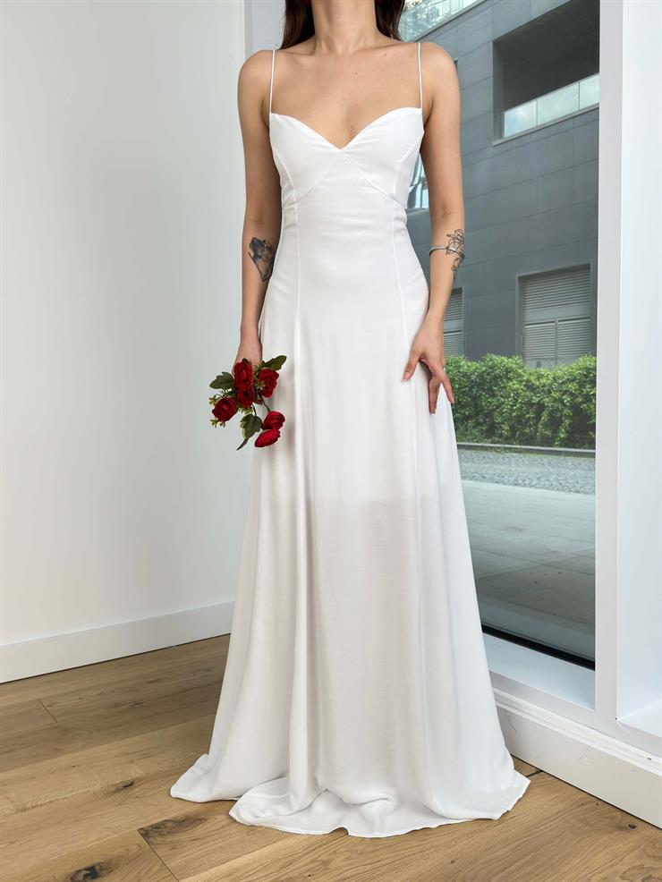 İnce Askılı Belden Oturtmalı Nova Kadın Beyaz Maxi Elbise 24Y402