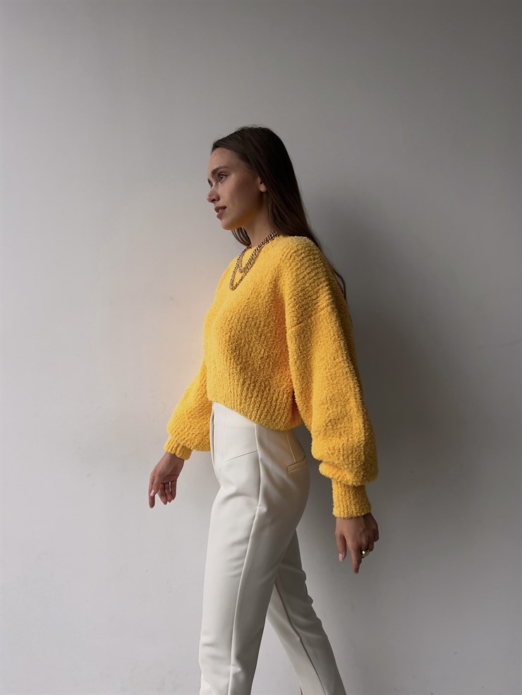 Bisiklet Yaka Balon Kol Nowrin Kadın Sarı Triko Kazak 23K000232