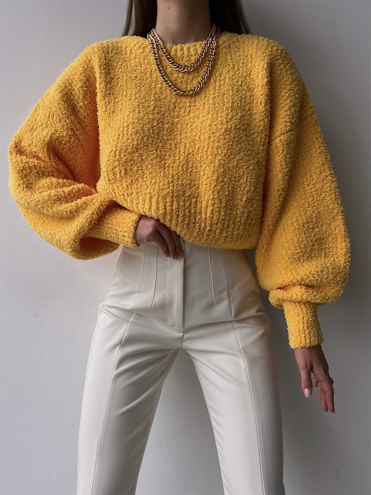 Bisiklet Yaka Balon Kol Nowrin Kadın Sarı Triko Kazak 23K000232