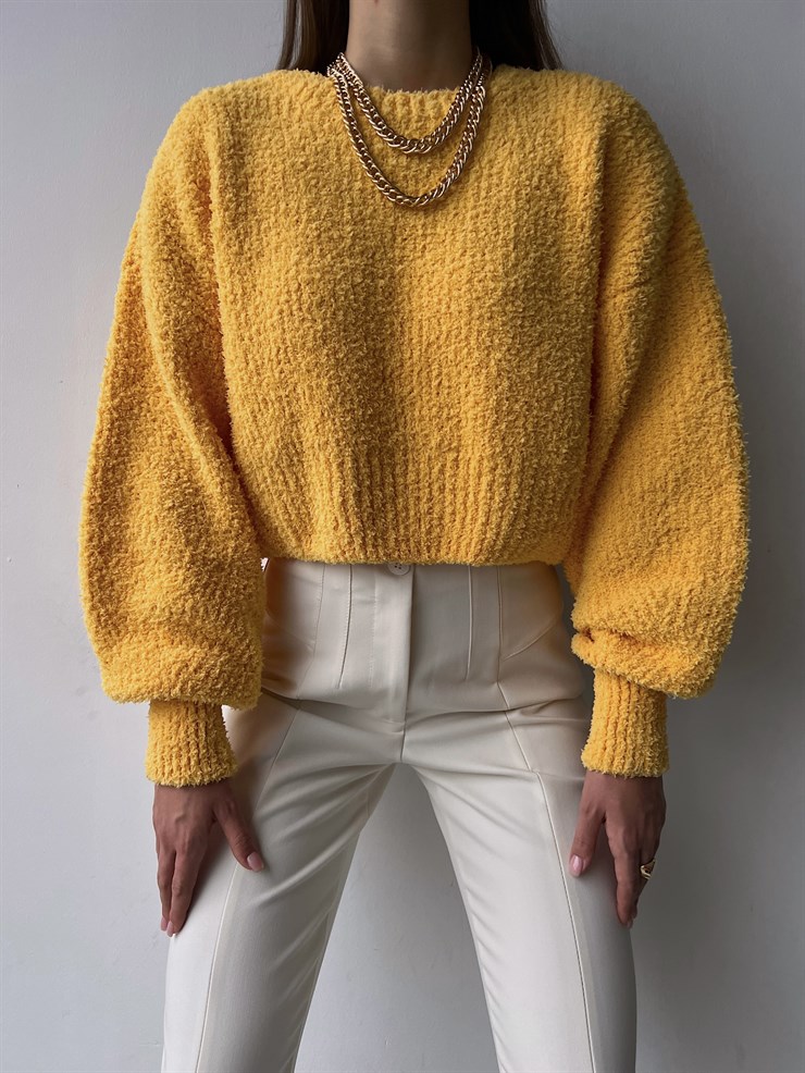 Bisiklet Yaka Balon Kol Nowrin Kadın Sarı Triko Kazak 23K000232