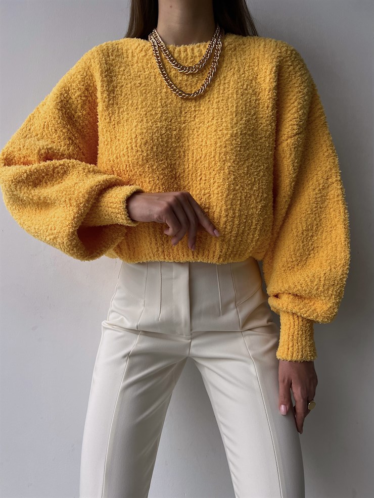 Bisiklet Yaka Balon Kol Nowrin Kadın Sarı Triko Kazak 23K000232