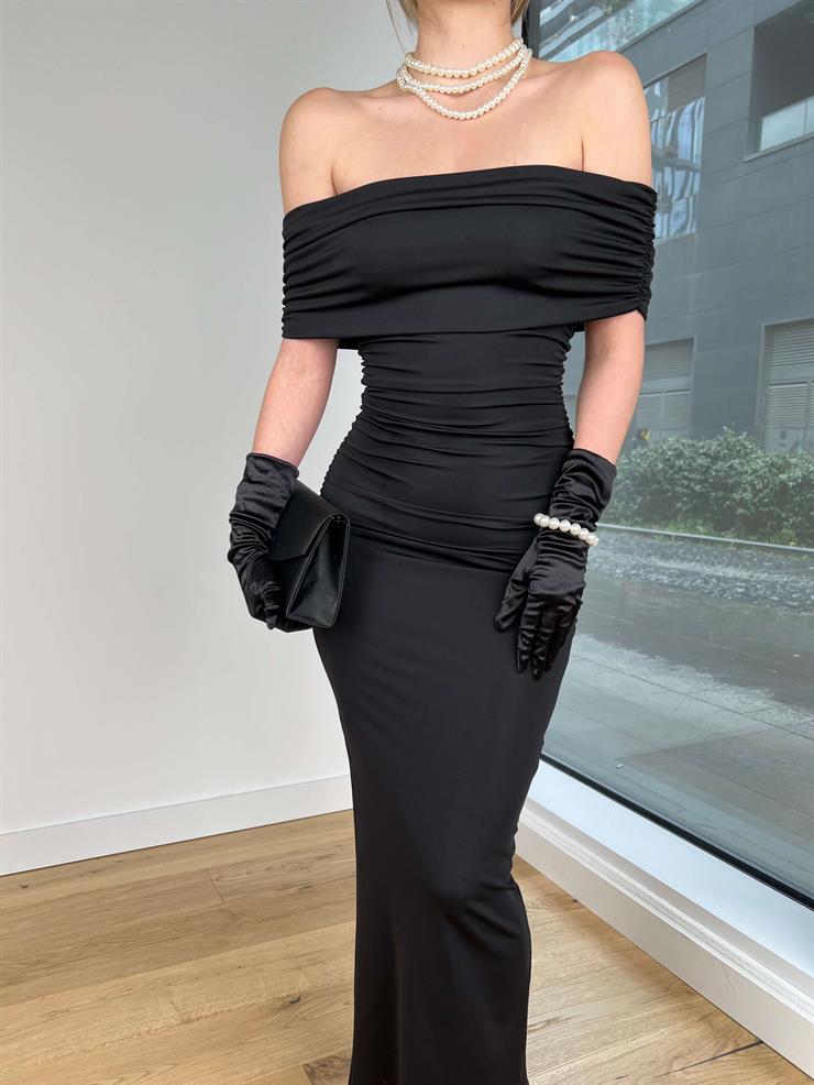 Madonna Yaka Drapeli Nuestra Kadın Siyah Maxi Elbise 24Y215