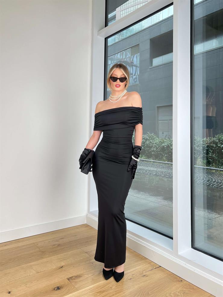 Madonna Yaka Drapeli Nuestra Kadın Siyah Maxi Elbise 24Y215