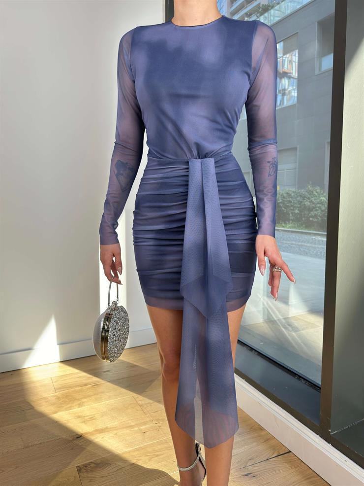 Eteği Drapeli Önü Tül Detaylı Nuno Kadın Desenli İndigo Mini Elbise 24Y093