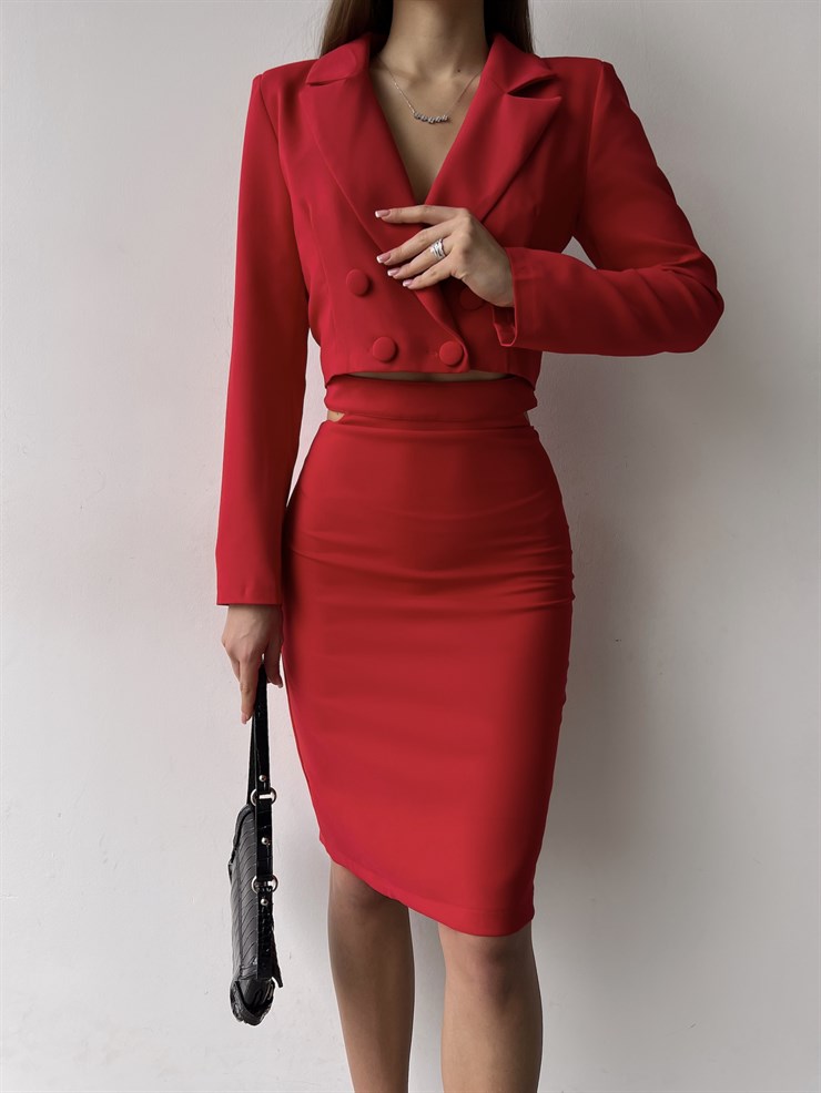 Üst Düğme Kapamalı Yüksek Bel Yan Pencere Detaylı Etek Nyasia Kadın Kırmızı İkili Takım 23K000351
