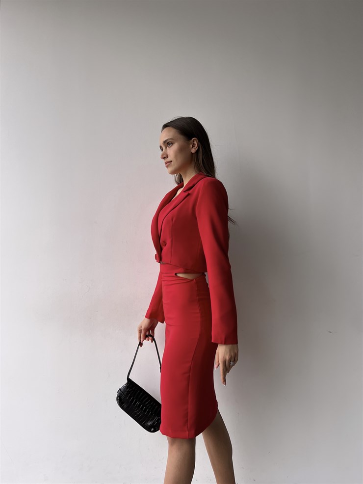 Üst Düğme Kapamalı Yüksek Bel Yan Pencere Detaylı Etek Nyasia Kadın Kırmızı İkili Takım 23K000351