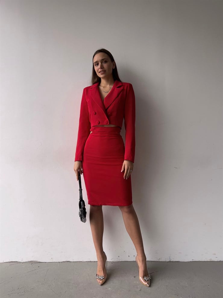 Üst Düğme Kapamalı Yüksek Bel Yan Pencere Detaylı Etek Nyasia Kadın Kırmızı İkili Takım 23K000351