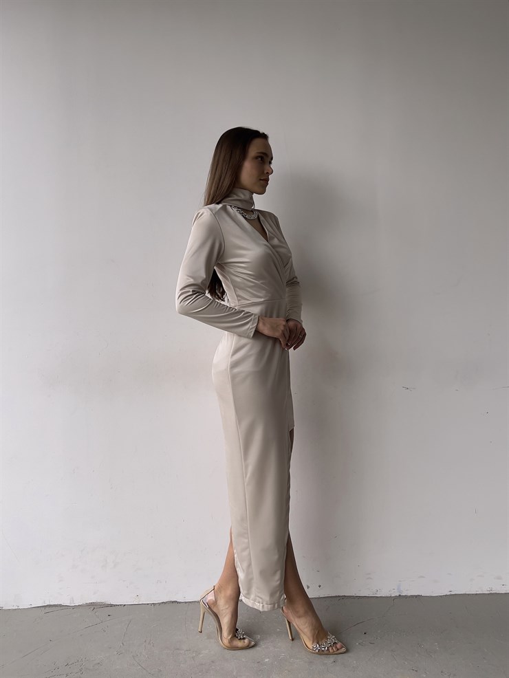 Kruvaze Yaka Asimetrik Kesim Uzun Kol Nyla Kadın Bej Midi Elbise 23K000350