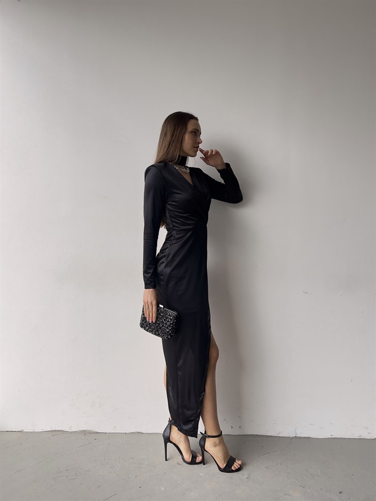 Kruvaze Yaka Asimetrik Kesim Uzun Kol Nyla Kadın Siyah Midi Elbise 23K000350