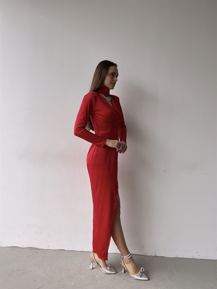 Kruvaze Yaka Asimetrik Kesim Uzun Kol Nyla Kadın Kırmızı Midi Elbise 23K000350