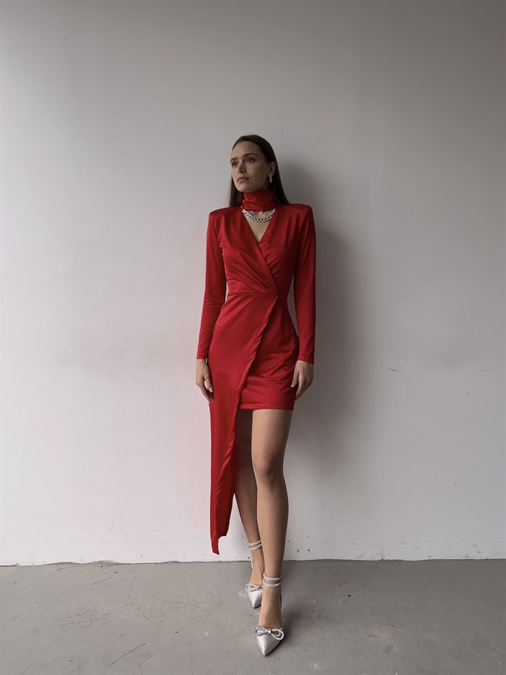 Kruvaze Yaka Asimetrik Kesim Uzun Kol Nyla Kadın Kırmızı Midi Elbise 23K000350