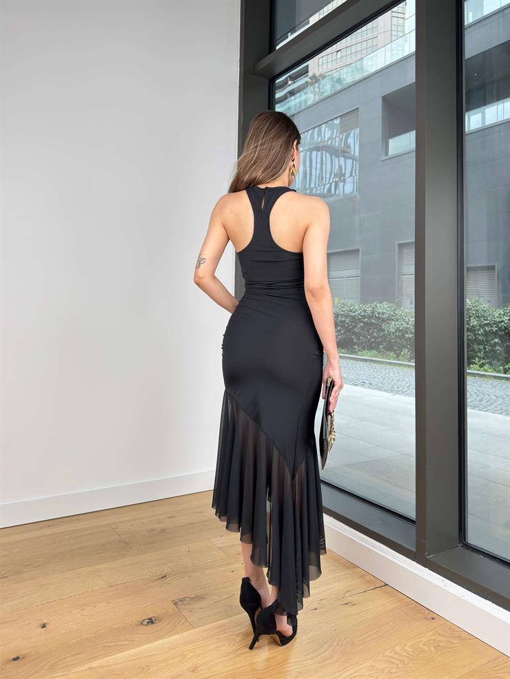Halter Yaka Drapeli Eteği Tül Ofın Siyah Kadın Midi Elbise 25Y228