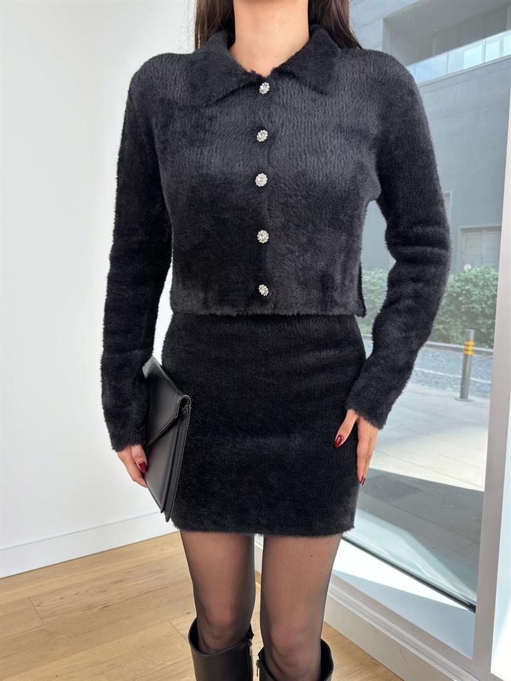 Önü Düğme Kapamalı Hırka Mini Etek Oiver Siyah Kadın Triko Takım 25K226