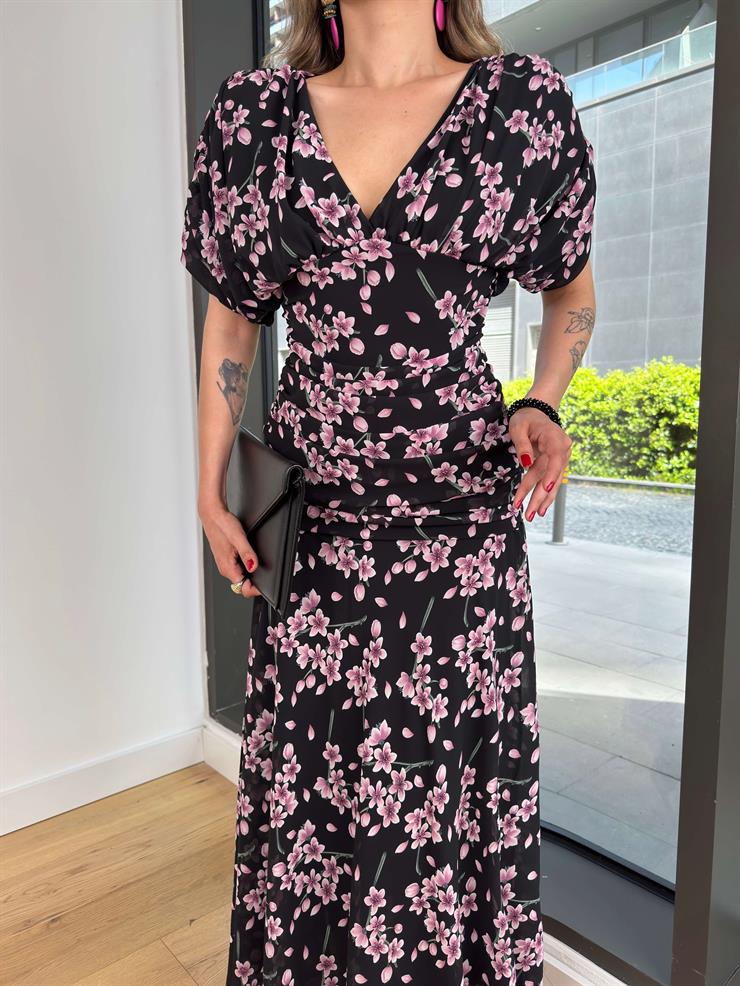 V Yaka Balon Kol Oklen Renkli Çiçekli Kadın Elbise 25Y359