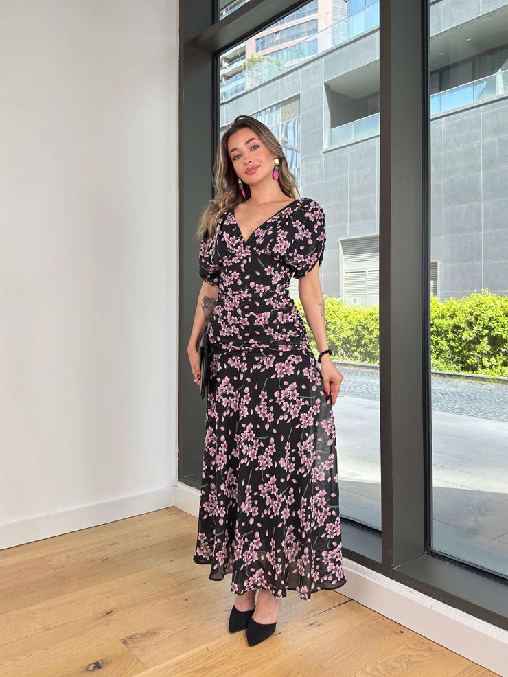 V Yaka Balon Kol Oklen Renkli Çiçekli Kadın Elbise 25Y359