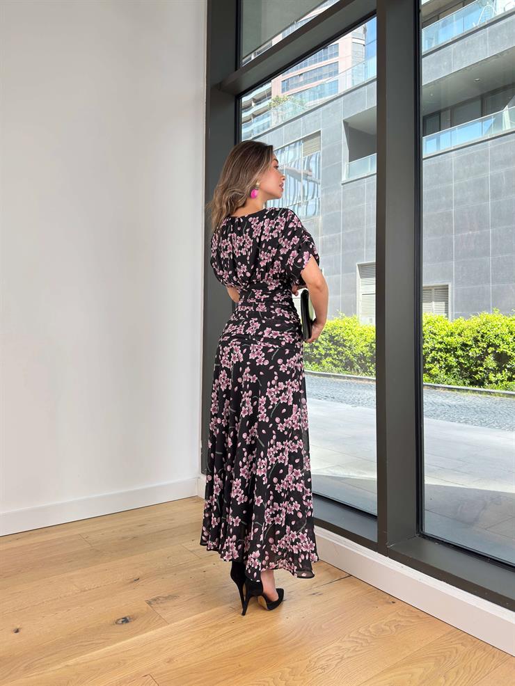 V Yaka Balon Kol Oklen Renkli Çiçekli Kadın Elbise 25Y359