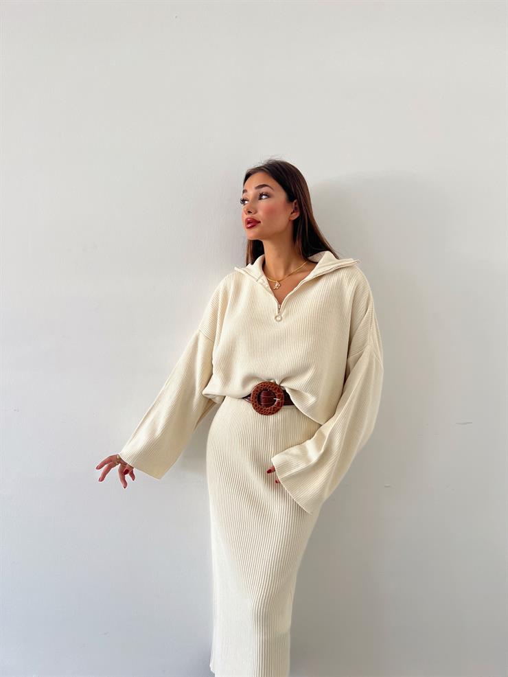 Yarın Fermuarlı Uzun Kol Oversize Kazak Yüksek Bel Etek Olane Kadın Taş Triko Takım 24k000037