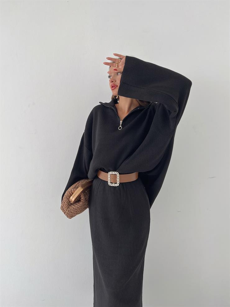 Yarın Fermuarlı Uzun Kol Oversize Kazak Yüksek Bel Etek Olane Kadın Siyah Triko Takım 24k000037