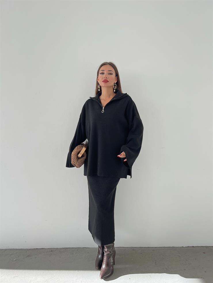 Yarın Fermuarlı Uzun Kol Oversize Kazak Yüksek Bel Etek Olane Kadın Siyah Triko Takım 24k000037