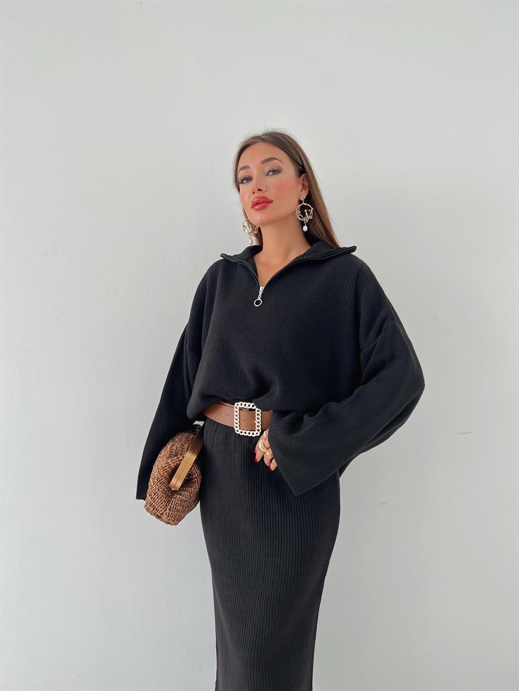 Yarın Fermuarlı Uzun Kol Oversize Kazak Yüksek Bel Etek Olane Kadın Siyah Triko Takım 24k000037