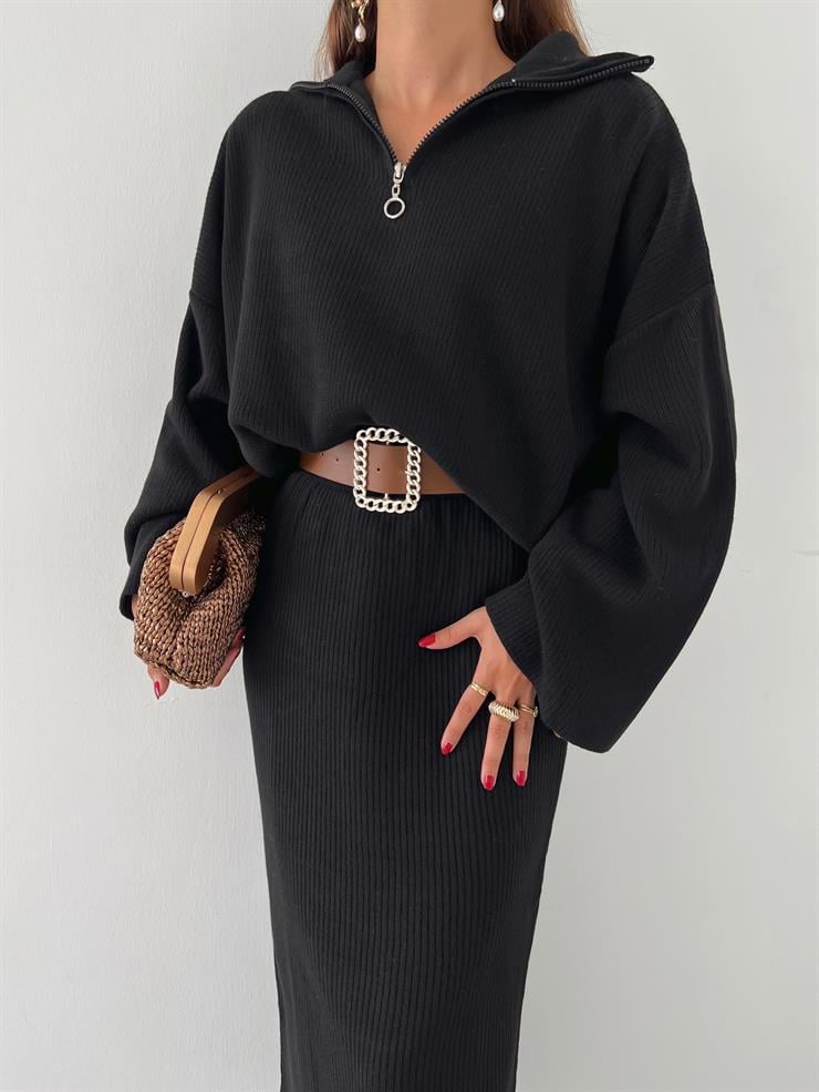 Yarın Fermuarlı Uzun Kol Oversize Kazak Yüksek Bel Etek Olane Kadın Siyah Triko Takım 24k000037