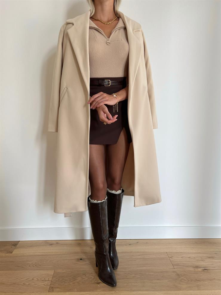 Belden Kuşaklı Olbia Kadın Bej Kaban 24k000046