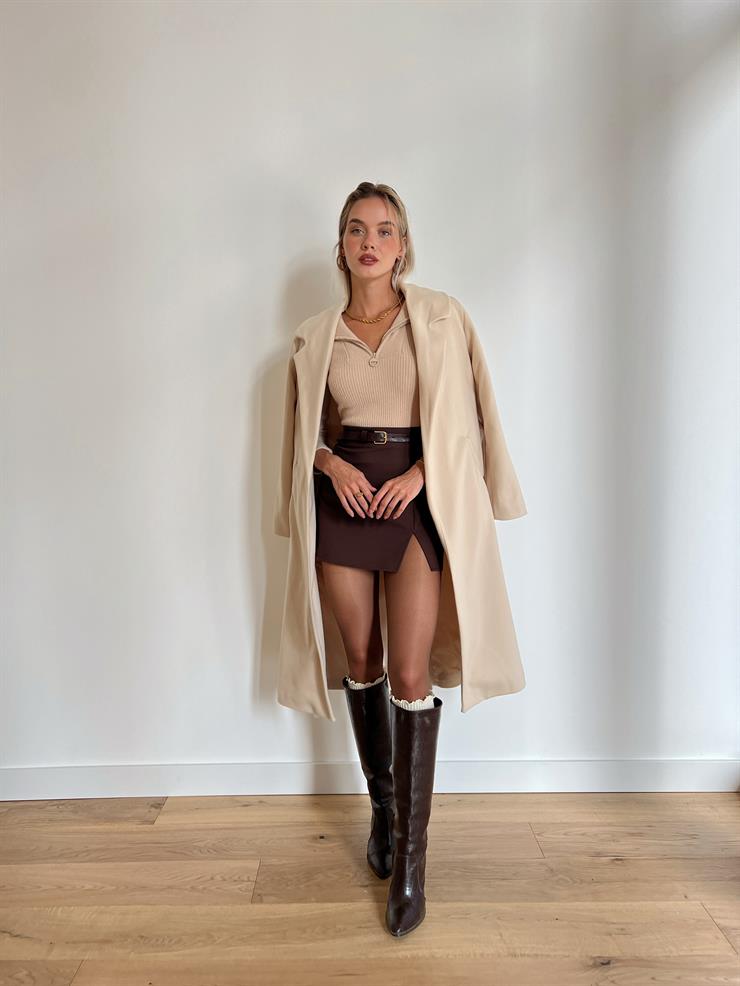 Belden Kuşaklı Olbia Kadın Bej Kaban 24k000046