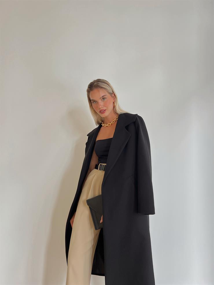 Belden Kuşaklı Olbia Kadın Siyah Kaban 24k000046