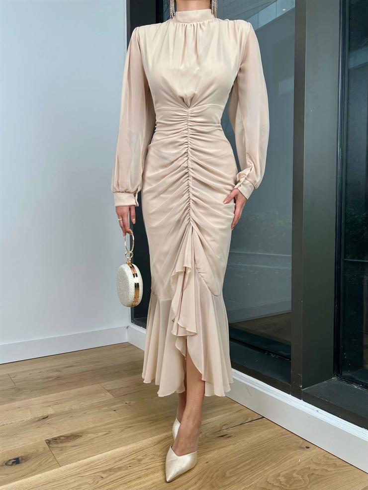 Uzun Kol Önü Büzgü Detaylı Yarım Boğazlı Olenka Kadın Bej Elbise 23Y000620